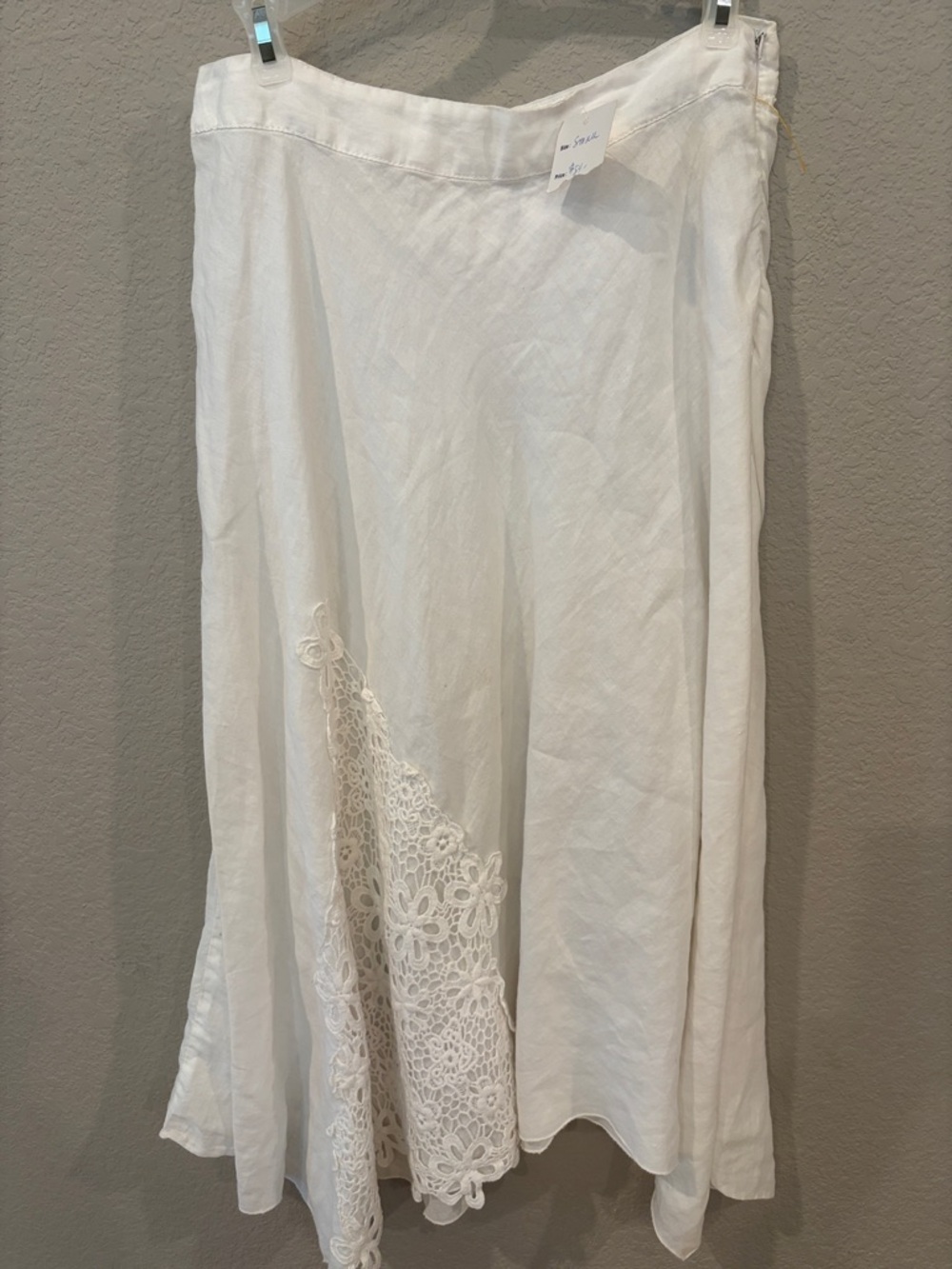 Women's White A-Line Linen Skirt with Crochet Lace Panel